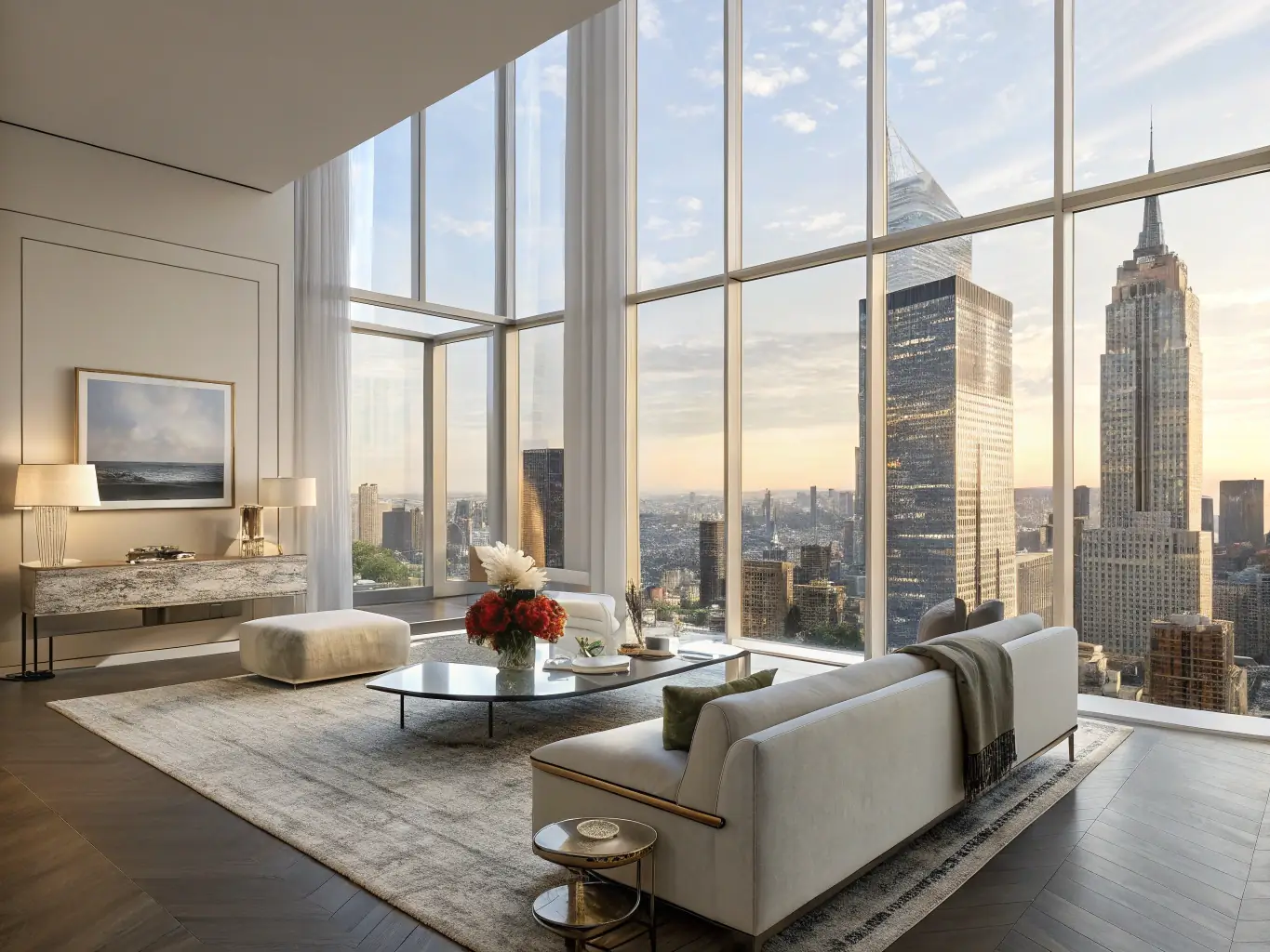 A luxurious apartment interior with modern design, showcasing high-end finishes and elegant decor, representing EliteFlat Match's luxury apartment search service.