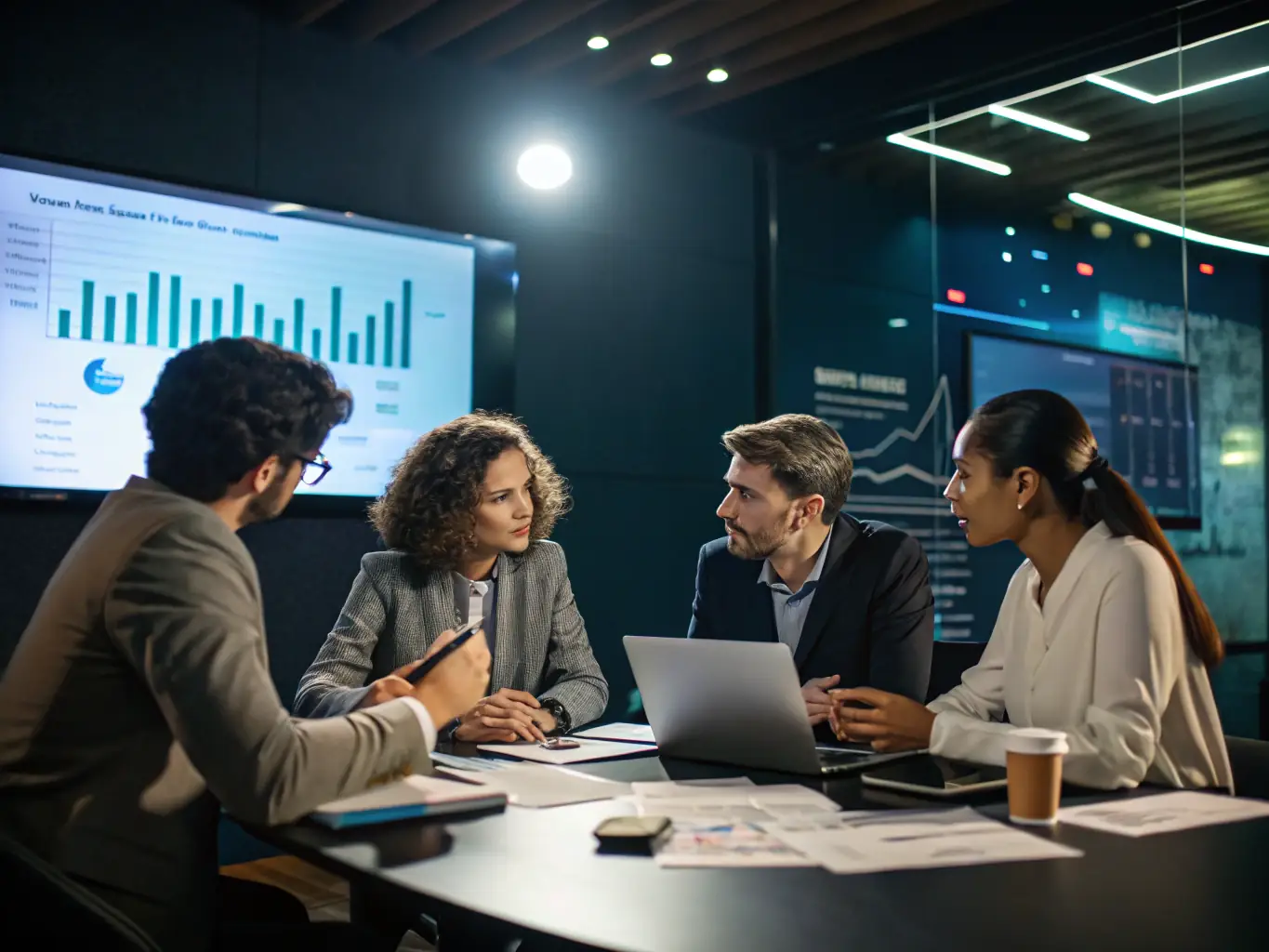 A sophisticated image of a business meeting with charts and Swiss real estate visuals, emphasizing the strategic insights and expert advice provided during investment consultations.